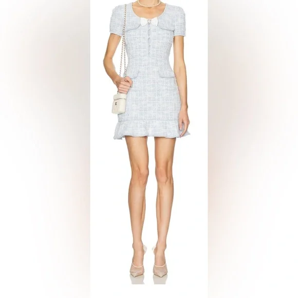 SELF-PORTRAIT Light Blue Tweed Checked Bow-Detail Mini Dress - BNWT - Size M - Picture 2 of 9